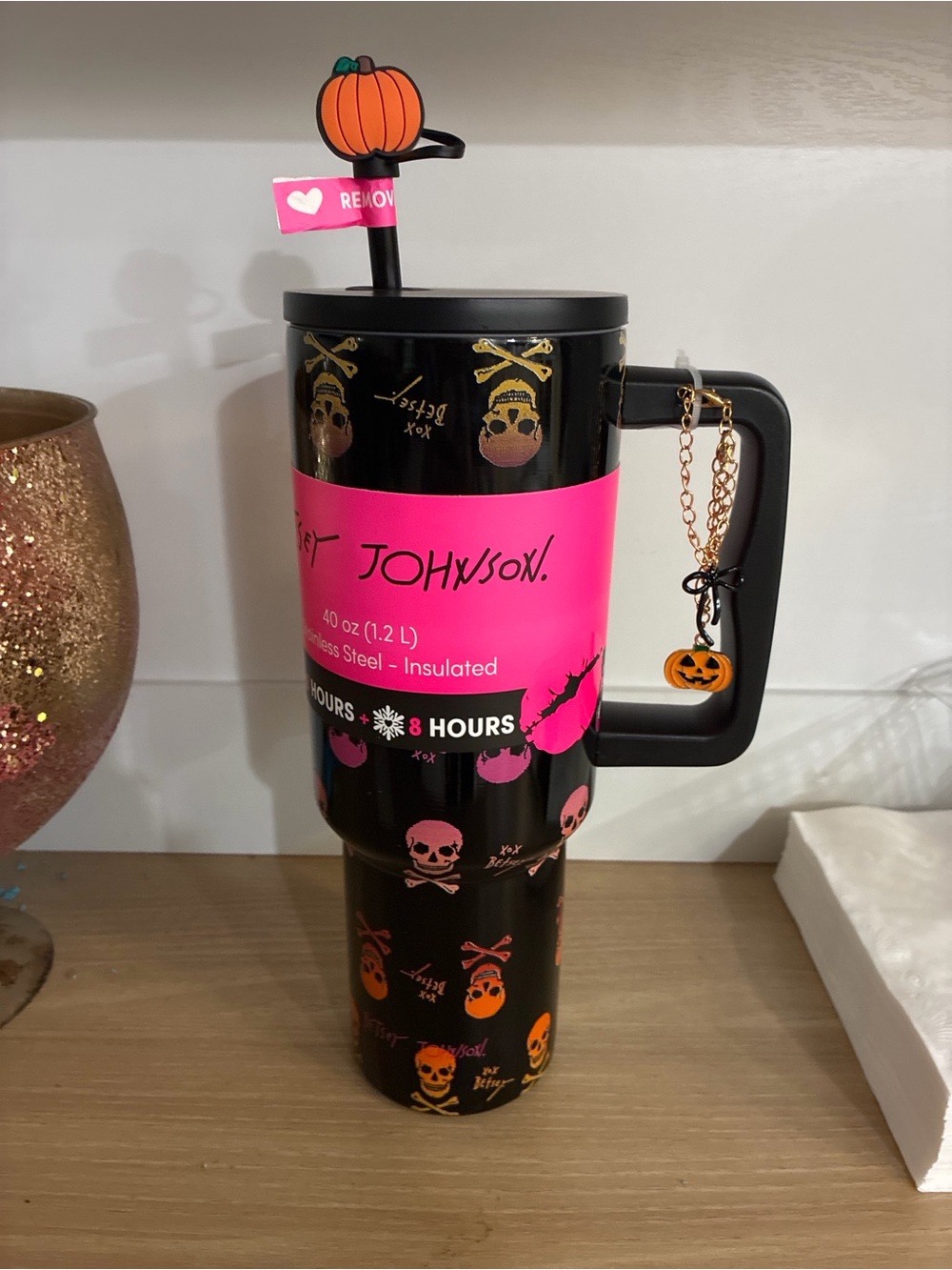 BetseyJohnson Halloween Skull Tumbler. 40 oz. with Pumpkin Charm - Pink & Black